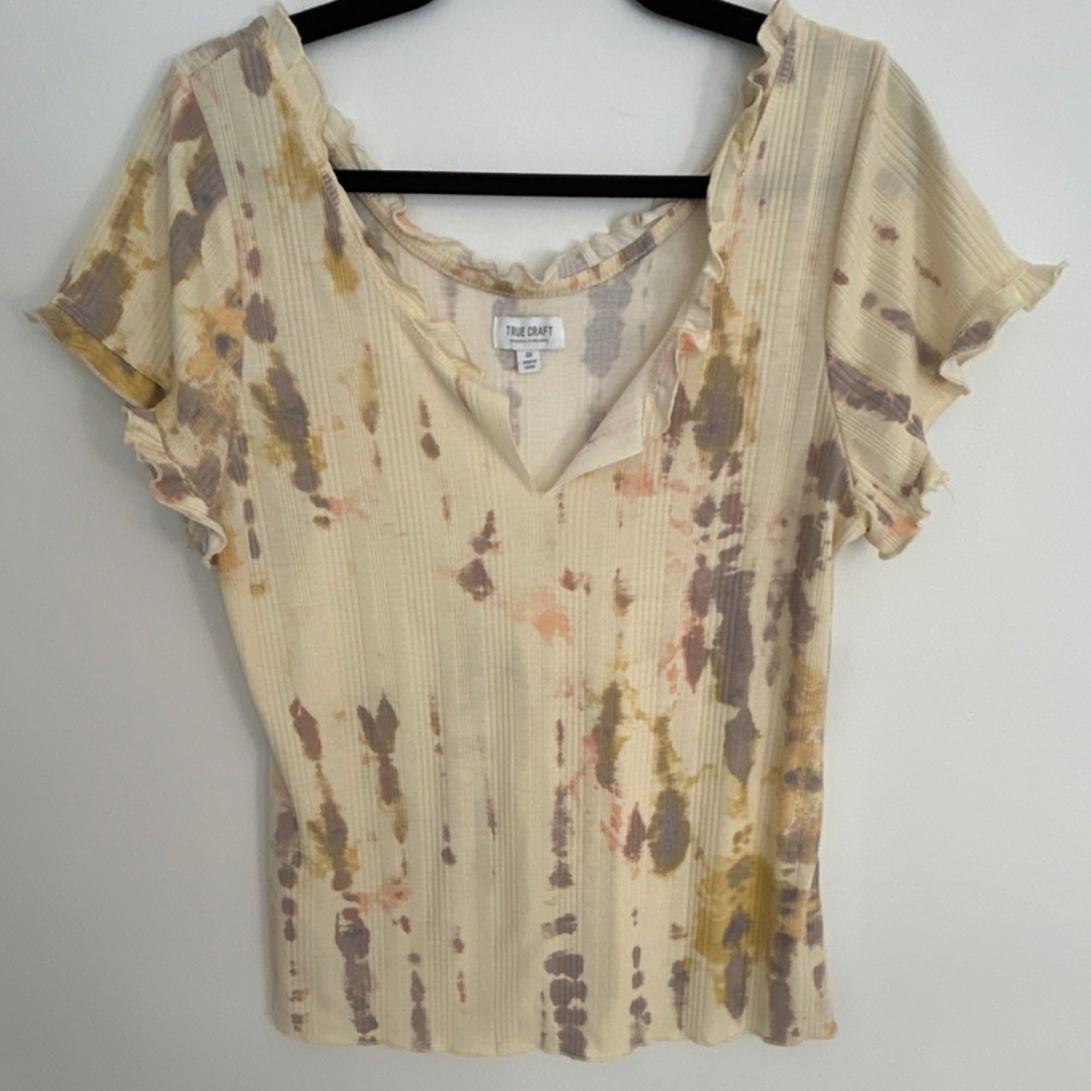 TRUE CRAFT Tie-Dye Knit Ruffle Sleeve V-Neck Blouse 0X‎ Rayon Blend Women's